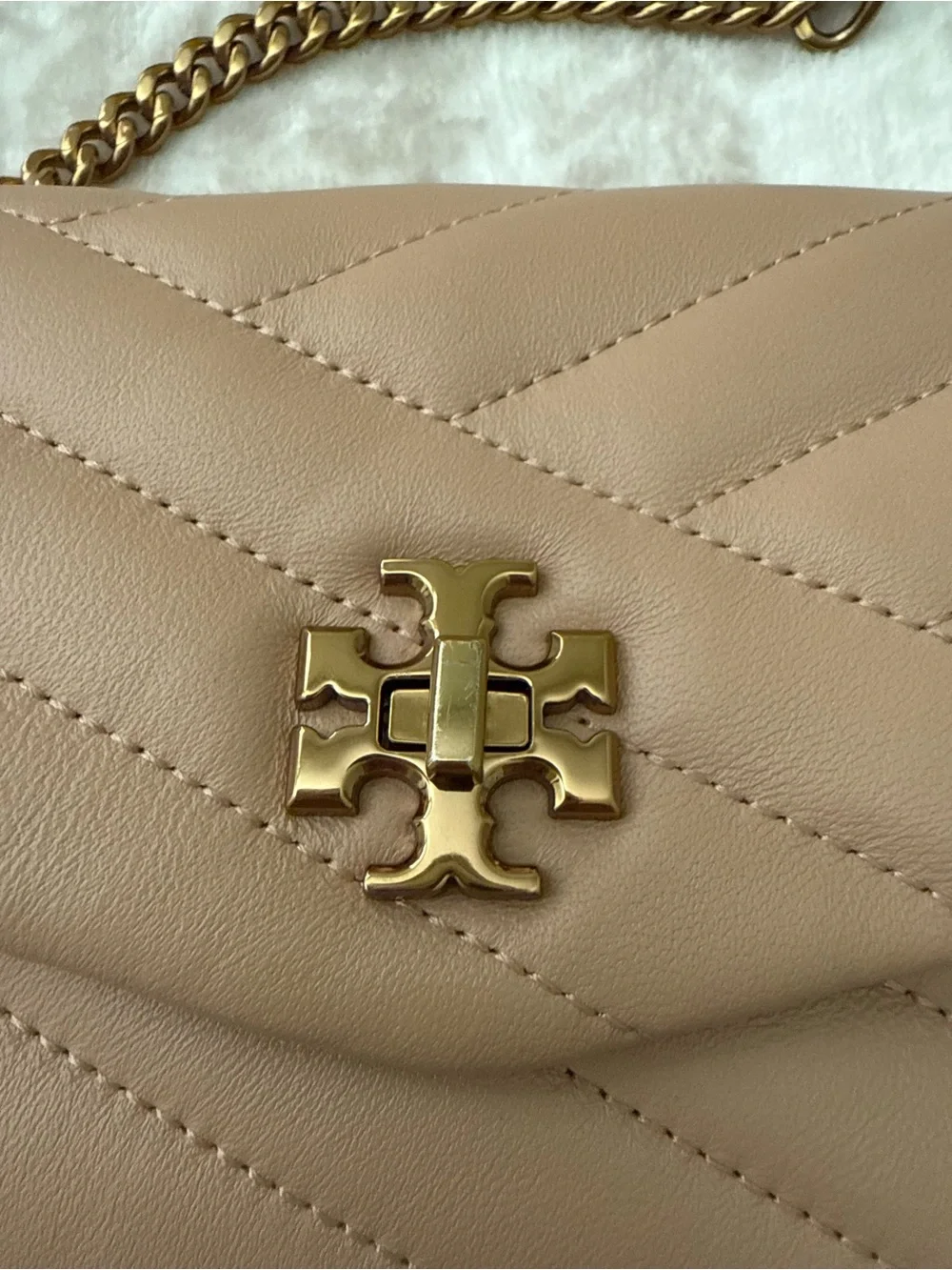 Tory Burch Kira Chevron Leather Small Crossbody Bag Nude with Gold Hardware Logo